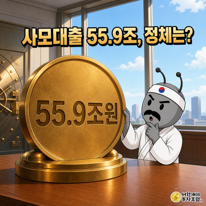 황금빛 대형 동전 스탬프에 '55.9조원'이 새겨져 있고, 개미가 놀란 표정으로 그 옆에 서서 스탬프를 올려다보는 모습.