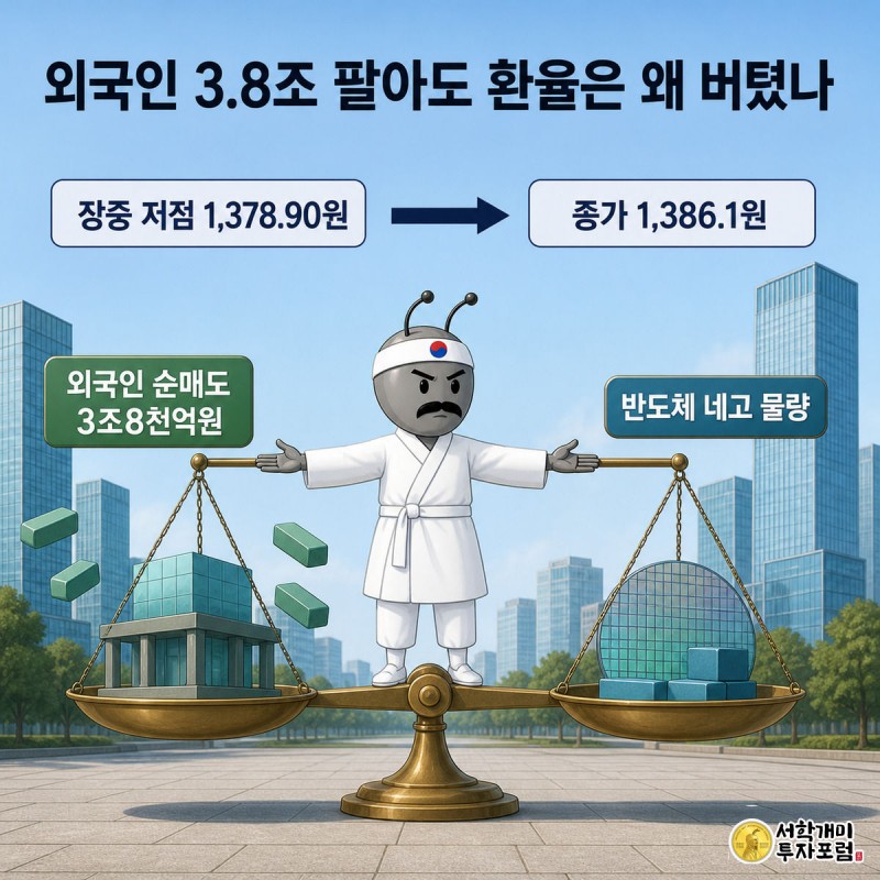 저울 위에서 외국인 순매도와 반도체 달러 매도 물량 사이 균형을 잡으려 애쓰는 개미 일러스트