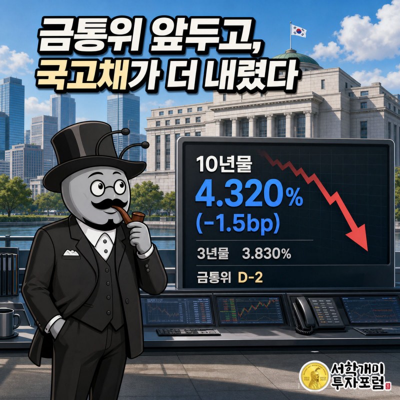 여의도 금융가를 배경으로 부자개미가 전광판의 국고채 금리 하락 화살표를 가리키며 놀라는 모습