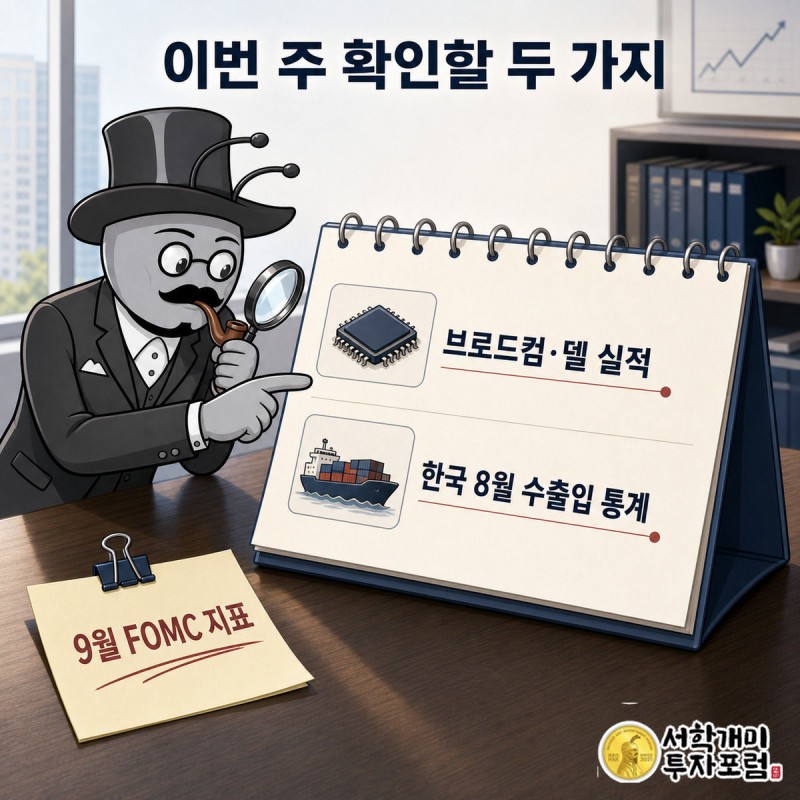 개미가 돋보기로 탁상 달력을 살피며 브로드컴·델 실적과 한국 수출입 통계 발표일을 확인하는 모습