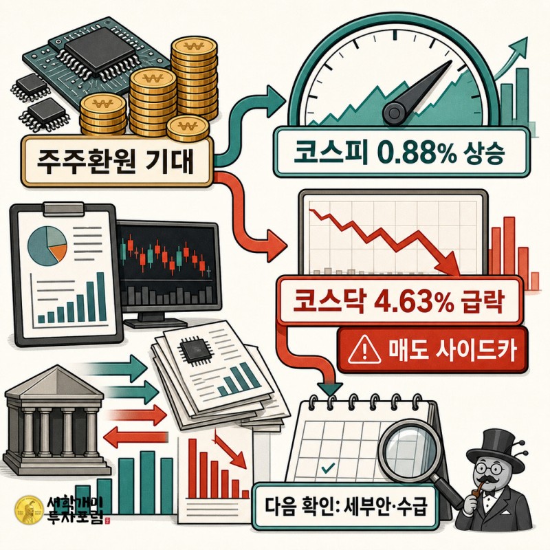 반도체 주주환원 기대와 코스피 상승, 코스닥 매도 사이드카, 다음 확인 사항을 연결한 설명 이미지