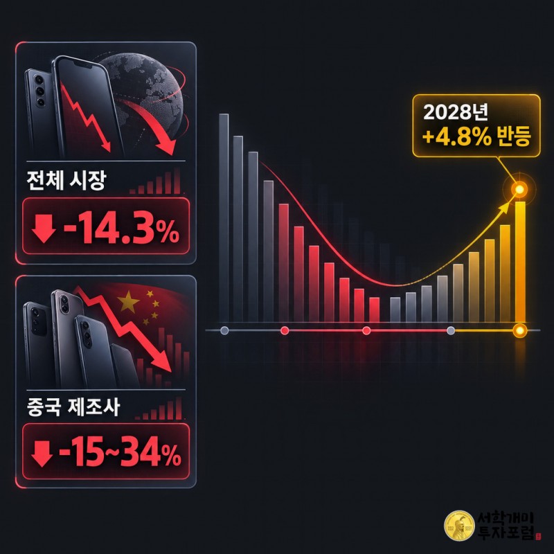 캐릭터 없이 데이터 카드와 타임라인으로 전체 스마트폰 시장의 14.3% 감소와 중국 제조사 감소폭, 2028년 반등 전망을 정리한 어두운 터미널 화면.