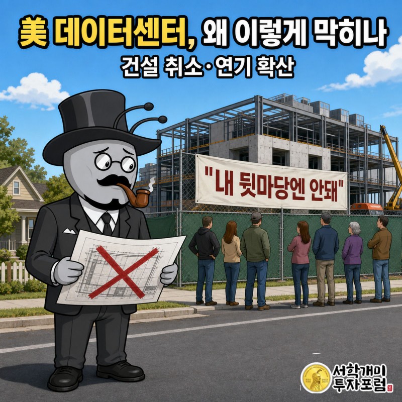 미국 교외 데이터센터 건설현장 앞에서 주민들이 반대 팻말을 들고 있고, 정장을 입은 개미가 '취소' 도장이 찍힌 서류를 든 채 당황한 표정으로 물러서고 있다.