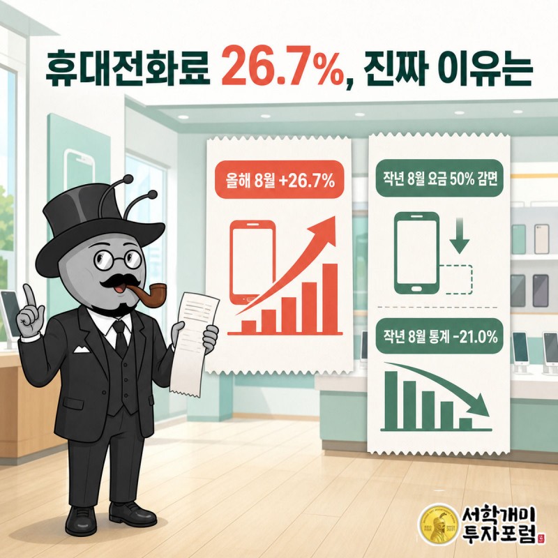 작년 50% 할인 도장이 찍힌 고지서와 올해 정상 요금 고지서를 비교하며 깨닫는 표정의 서민개미