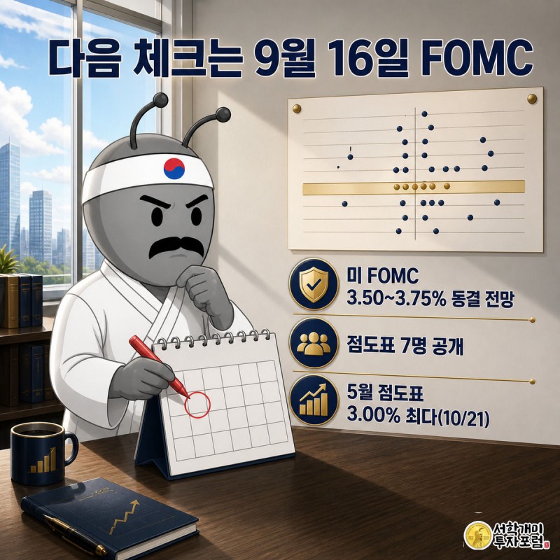 탁상 달력 9월 16일에 동그라미를 치며 점도표를 살피는 개미