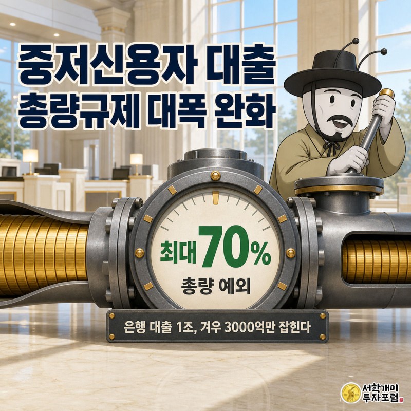 은행원 개미가 밸브 레버를 밀어 올려 중저신용자 대출 총량 예외 비율이 최대 70%로 커지는 모습을 표현한 삽화