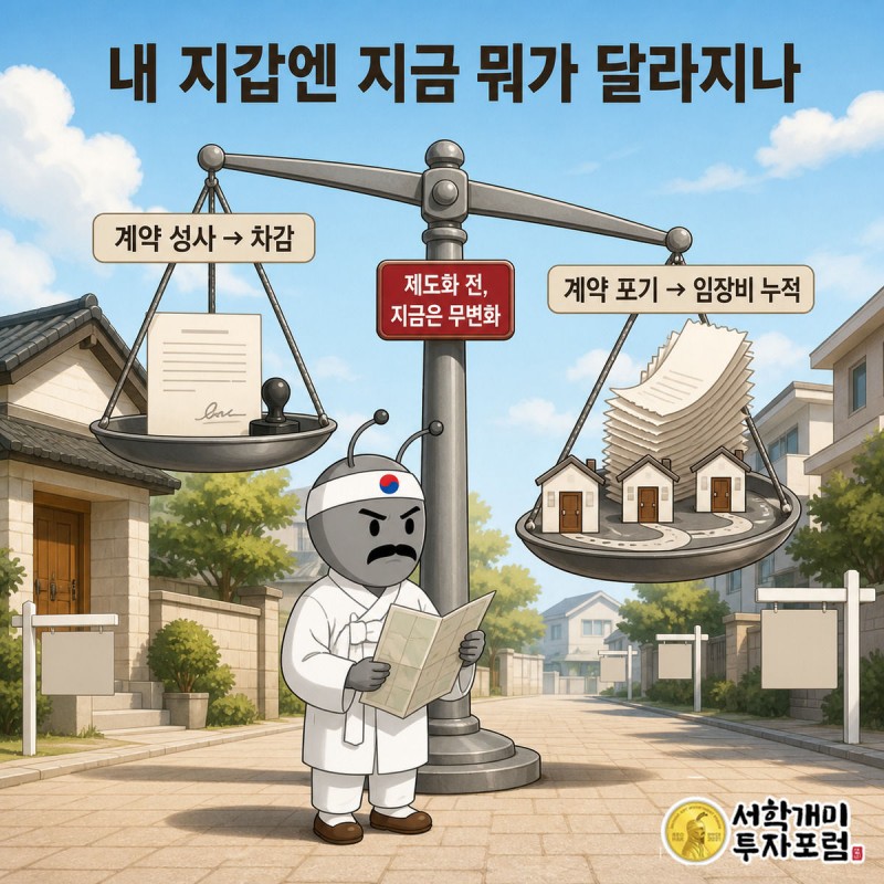 서민개미가 계약 성사와 계약 포기 상황을 좌우로 비교하는 저울 인포그래픽 삽화