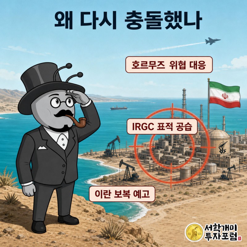 미 중부사령부가 이란혁명수비대 표적을 공습하는 장면을 올려다보는 서민개미 캐릭터