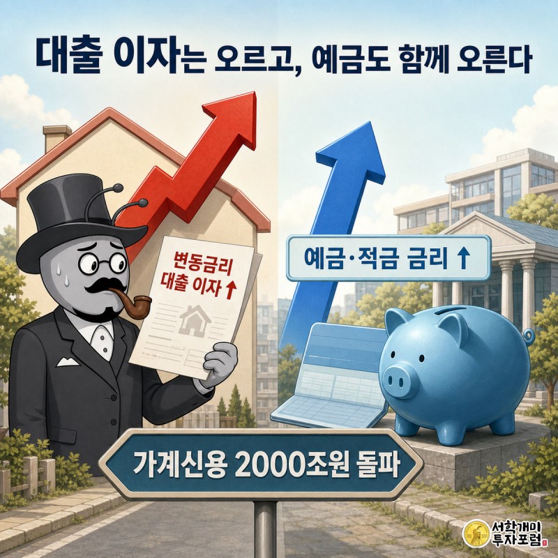 왼쪽 개미는 치솟는 대출 이자에 진땀을 흘리고 오른쪽 개미는 함께 오르는 예금 이자를 보며 안도하는 모습, 아래에는 가계신용 2000조원 돌파 표지판