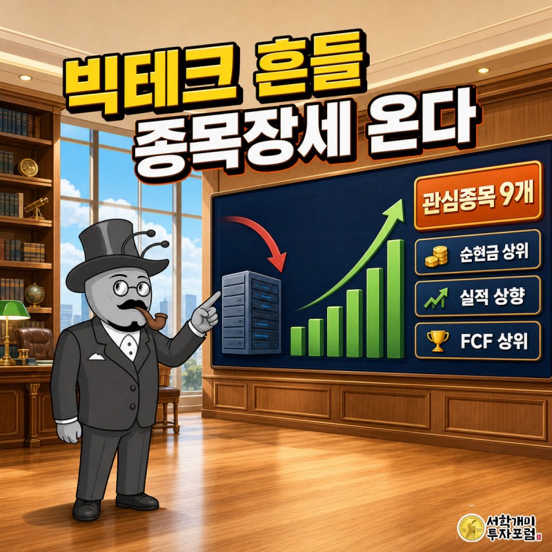 밝은 리서치센터 스크린 앞에서 개미가 하락한 빅테크 막대와 상승한 개별 종목 막대를 가리키며 확신에 찬 표정을 짓고, 관심종목 9개라는 수치 위젯이 떠 있는 모습