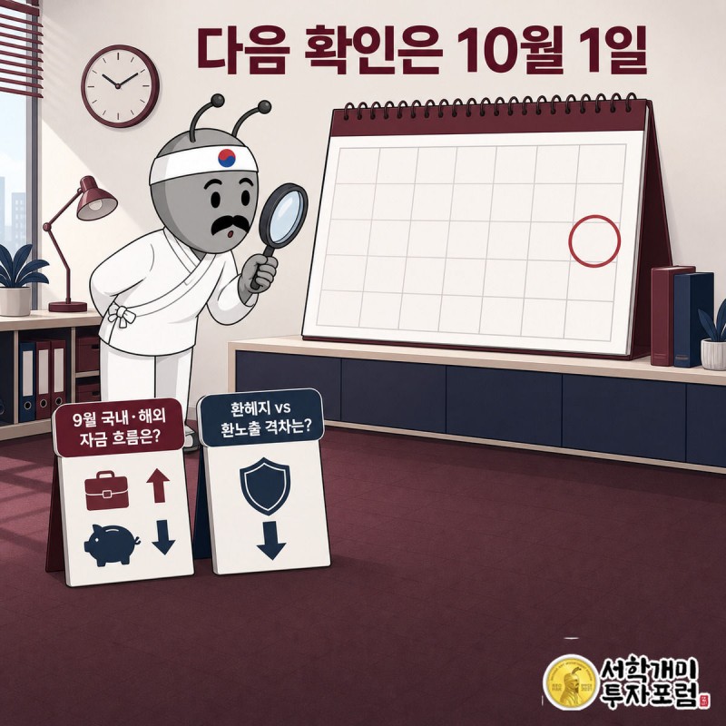 돋보기를 든 개미가 10월 1일에 동그라미 친 달력을 보며 궁금해하고 앞에 물음표 카드 두 장이 놓여 있다