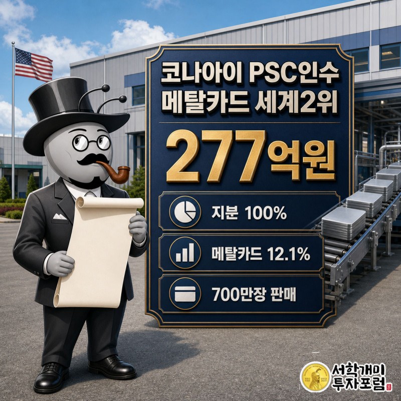부자개미가 인수 계약서를 들고 뉴저지 PSC 공장 앞에서 자신감 있게 웃고 있고, 화면에는 277억원 인수 금액과 메탈카드 세계 2위라는 문구가 표시된 그림