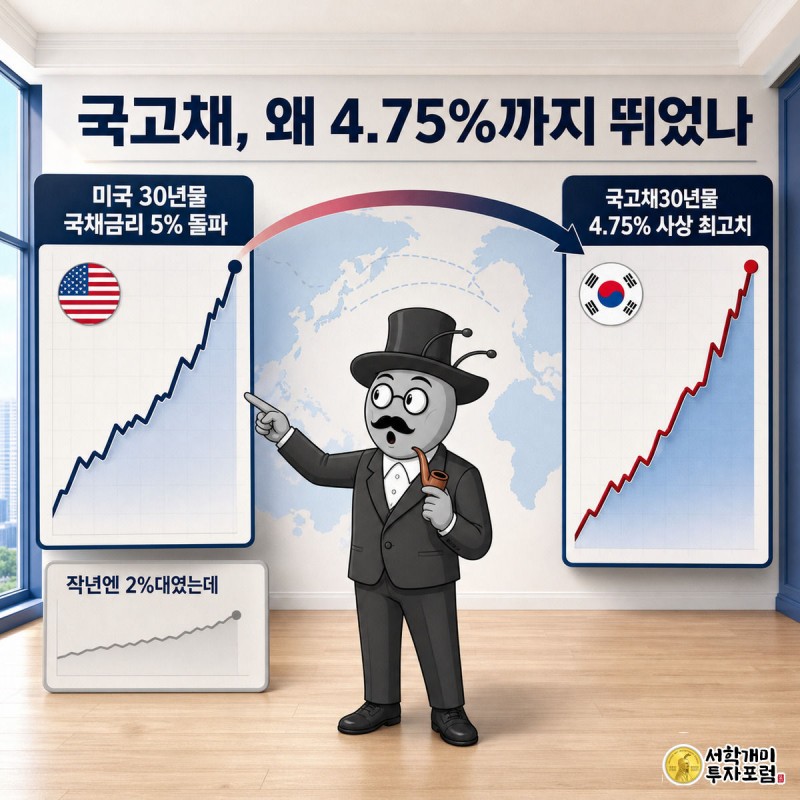 미국 국채금리 5% 돌파가 태평양을 건너 한국 국고채30년물 금리 4.75%로 이어지는 모습을 개미가 번갈아 가리키며 놀라는 장면