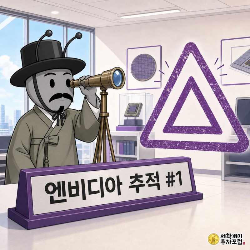 [엔비디아 추적 #1] 실적발표일 하락 징크스, 106% 실적에도 깨졌나 — 지배: 시리즈 공통 프레임 — 상단 문패 "엔비디아 추적 #1" + 채점 스탬프 「△」가 크게 (O/X/△ 중)
