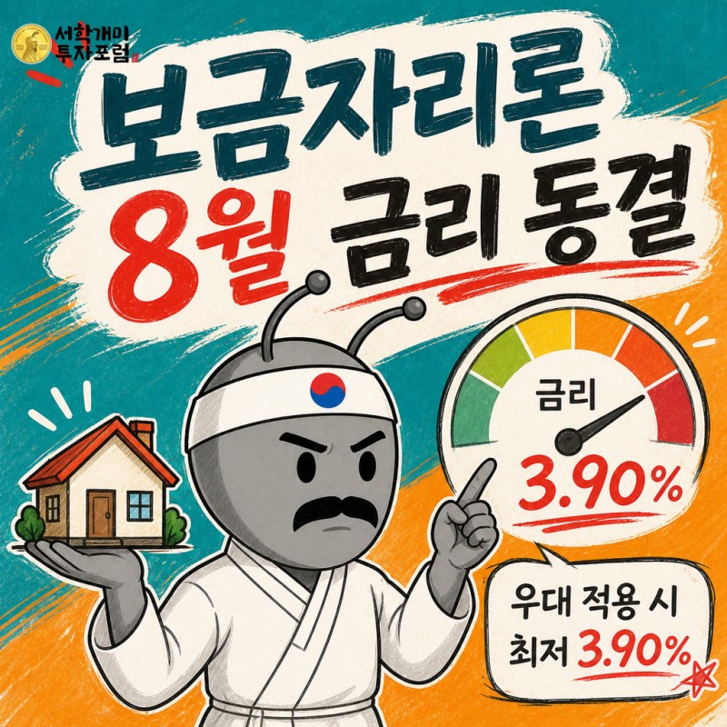 동학개미 기자가 집과 금리 게이지로 보금자리론 8월 금리 동결과 최저 3.90% 우대금리를 설명하는 그림