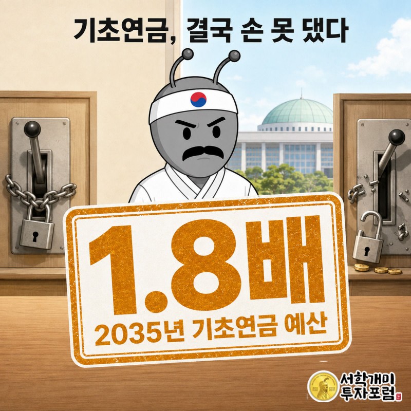 정부 회의실을 배경으로 왼쪽은 사슬에 묶여 꼼짝 않는 기초연금 70% 게이트, 오른쪽은 55년 만에 부서져 열린 교육교부금 자물쇠가 대비되고, 서민개미가 그 경계에서 낭패한 표정으로 양쪽을 바라보며 화면 중앙에 '1.8배' 스탬프가 찍혀 있다.