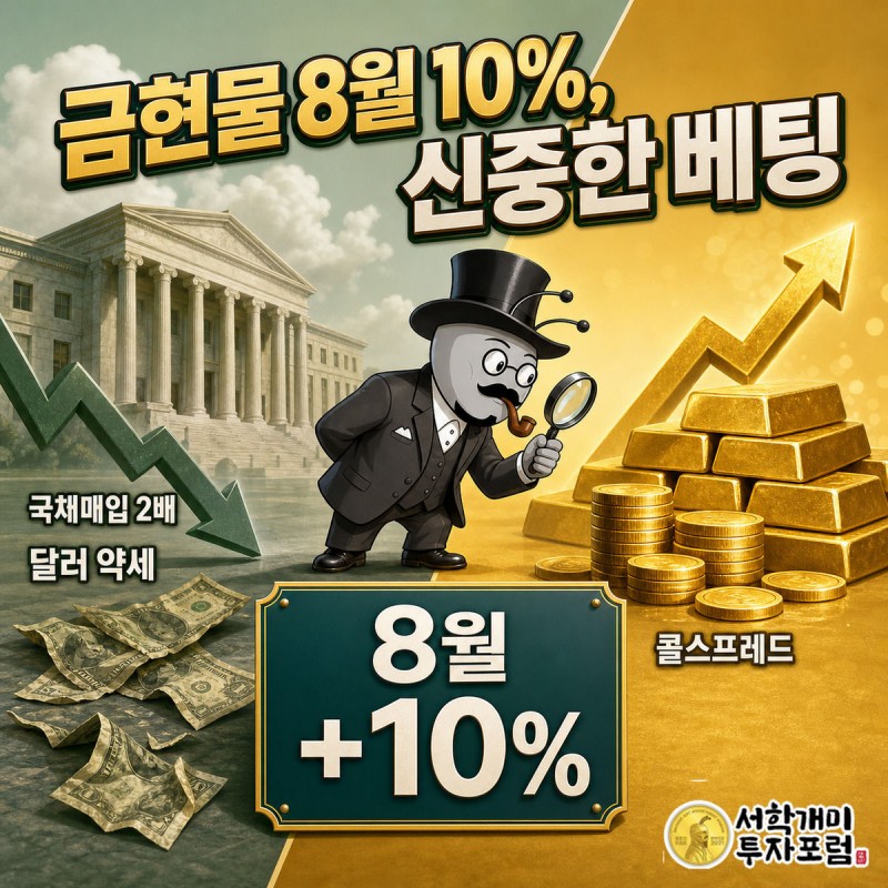 미 재무부와 시드는 달러를 배경으로 왼쪽에, 빛나는 금괴 더미를 오른쪽에 두고 부자개미가 확대경으로 금괴를 신중하게 살피는 표지 이미지