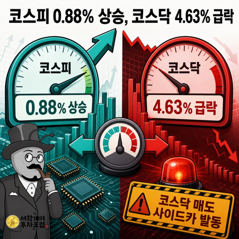 코스피 상승과 코스닥 급락, 매도 사이드카 발동을 대비해 보여주는 서학개미 기자 표지