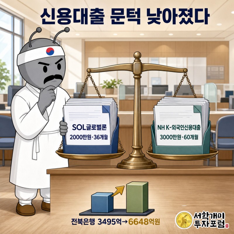 개미가 신한은행과 NH농협은행의 외국인 신용대출 조건을 저울질하며 비교하는 장면