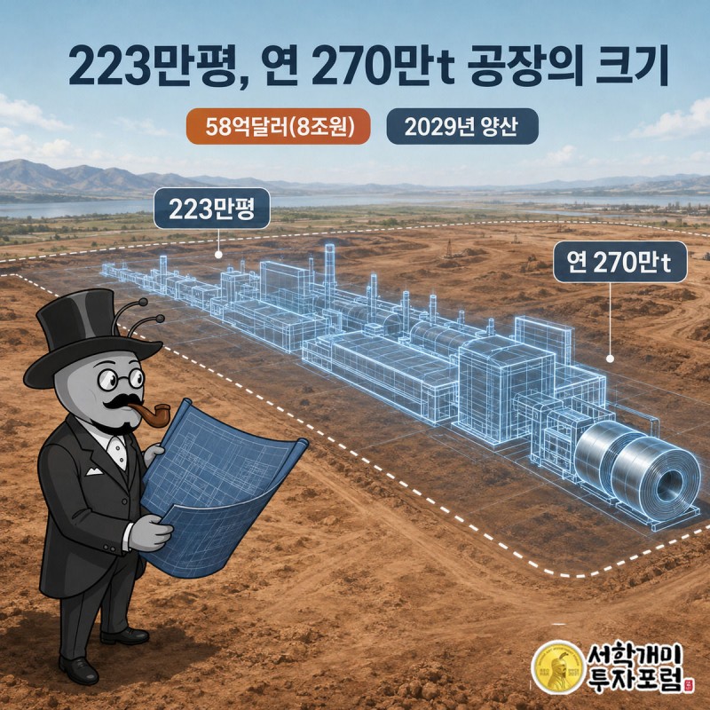 붉은 흙 벌판 위에 홀로그램처럼 겹쳐진 미래 공장 청사진을 양반개미가 신중하게 살펴보는 장면.
