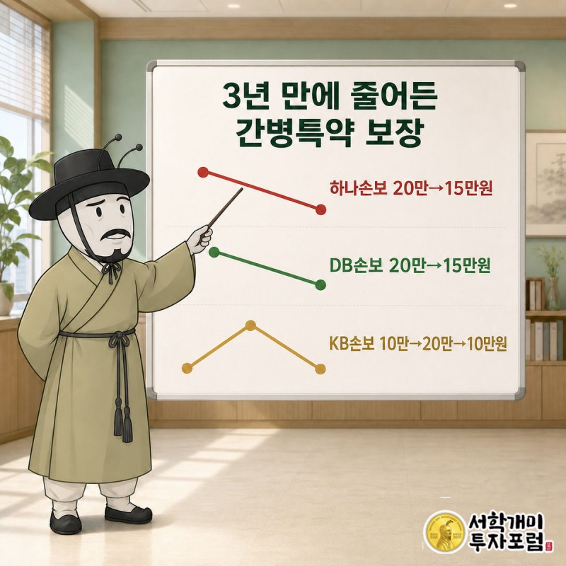 하나손보·DB손보·KB손보 세 보험사의 간병 특약 보장 한도 변화 꺾은선 그래프를 개미가 손가락으로 짚는 모습