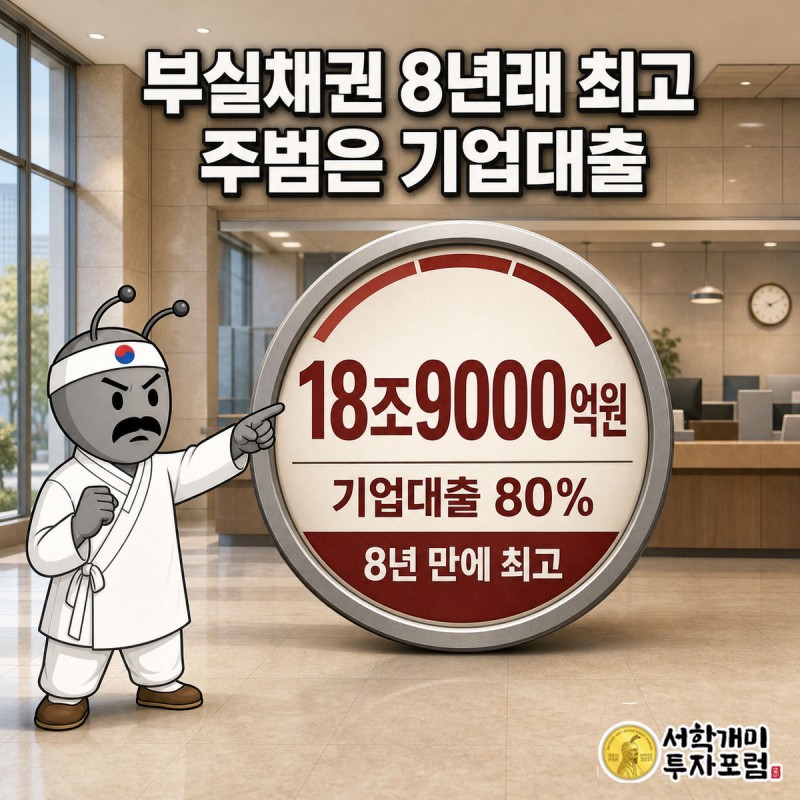은행 영업점을 배경으로 부실채권 경고 계기판이 붉게 치솟고 개미 캐릭터가 낭패한 표정으로 바늘을 가리키는 장면, '부실채권 8년래 최고, 주범은 기업대출' 문구와 18조9000억원 수치가 함께 표시되어 있다.