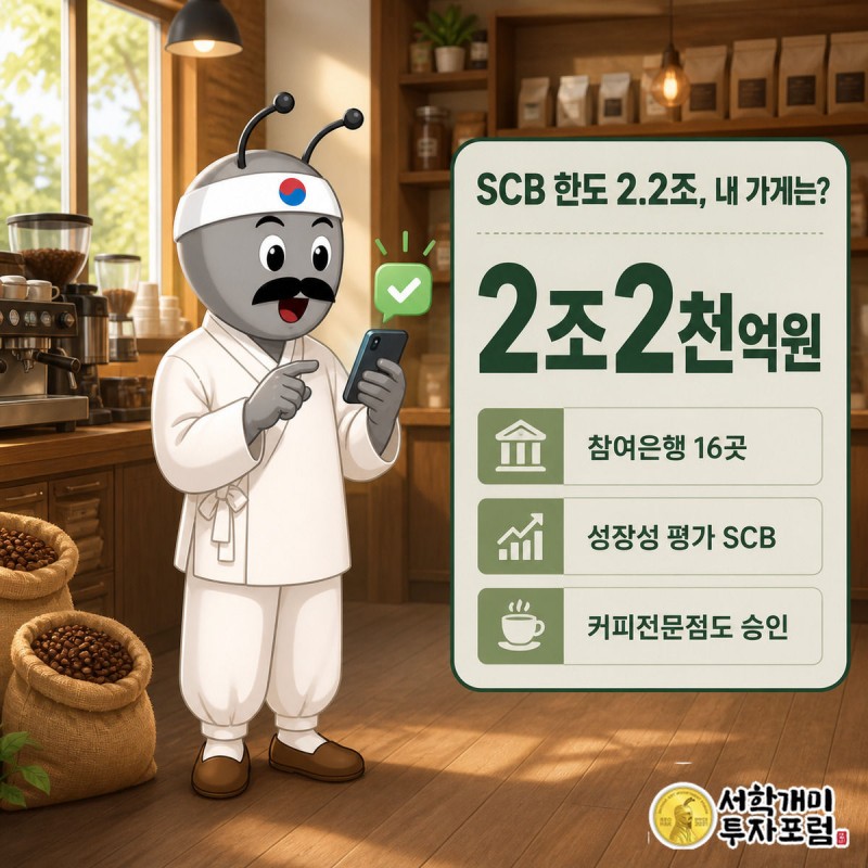 카페에서 서민개미가 스마트폰 속 대출 승인 알림을 보고 놀라며 기뻐하는 모습, 화면에는 시범운영 규모 2조2천억원이 큰 숫자로 표시돼 있다