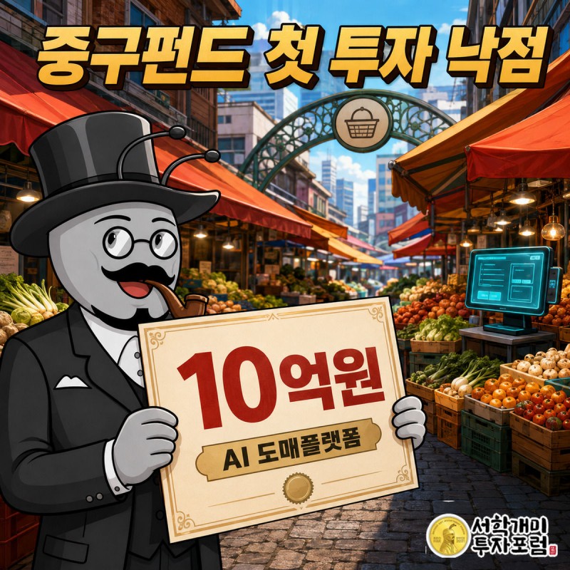 전통시장을 배경으로 부자개미가 '10억원' 투자확인서를 들고 만족스러운 표정을 짓는 그림