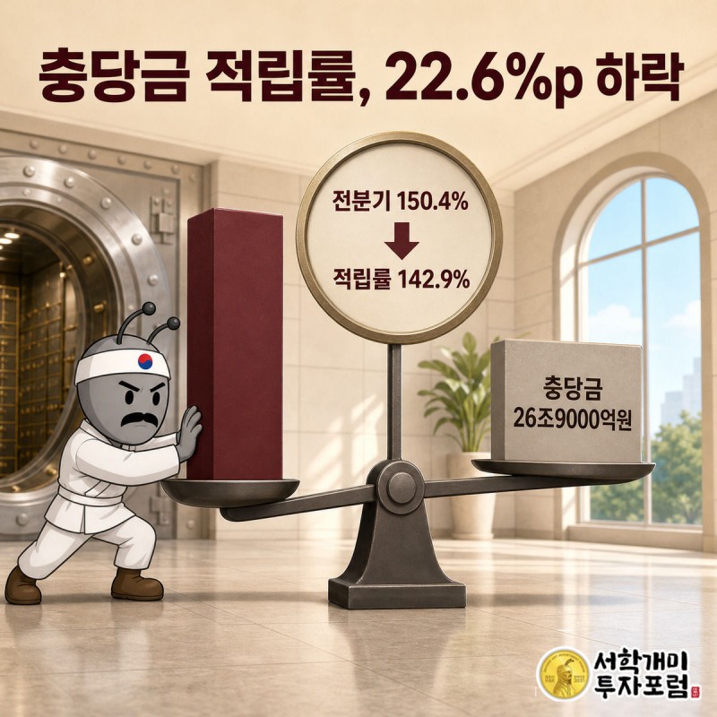 부실채권 쪽으로 기울어진 저울과 떨어지는 충당금 적립률 게이지를 개미가 붙잡으려 애쓰는 장면.