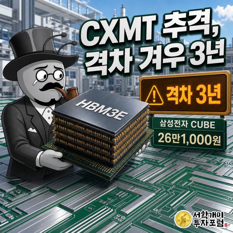 부자개미가 초록 회로가 새겨진 HBM3E 칩 스택을 들어 올리며 격차 3년 배지를 보고 놀라는 모습