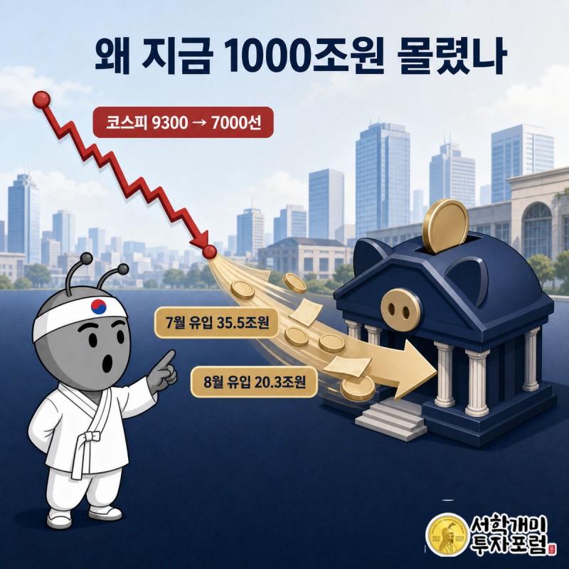 하락하는 코스피 그래프 끝에서 돈이 흘러나와 은행 건물로 빨려 들어가는 모습을 서민개미가 놀란 표정으로 바라보는 장면