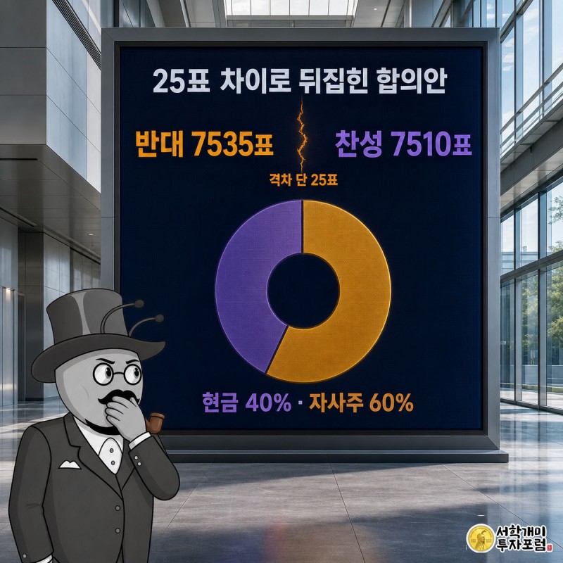 개표 전광판에 반대 7535표 찬성 7510표가 뜨고 개미들이 낭패한 표정으로 지켜보는 그림