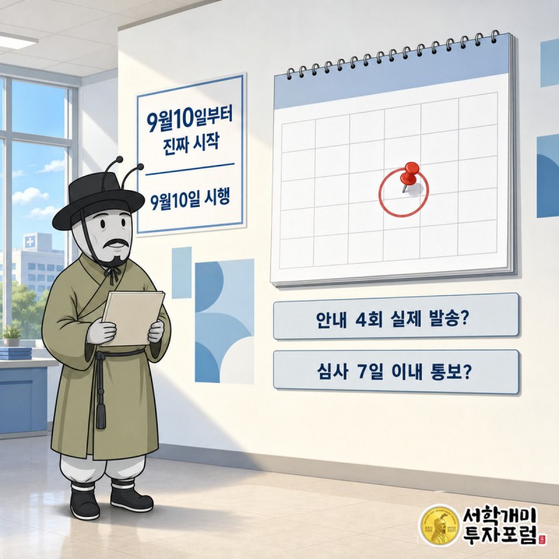 9월 10일에 동그라미가 쳐진 달력 앞에서 서류를 안고 신중하게 기다리는 서민개미 이미지