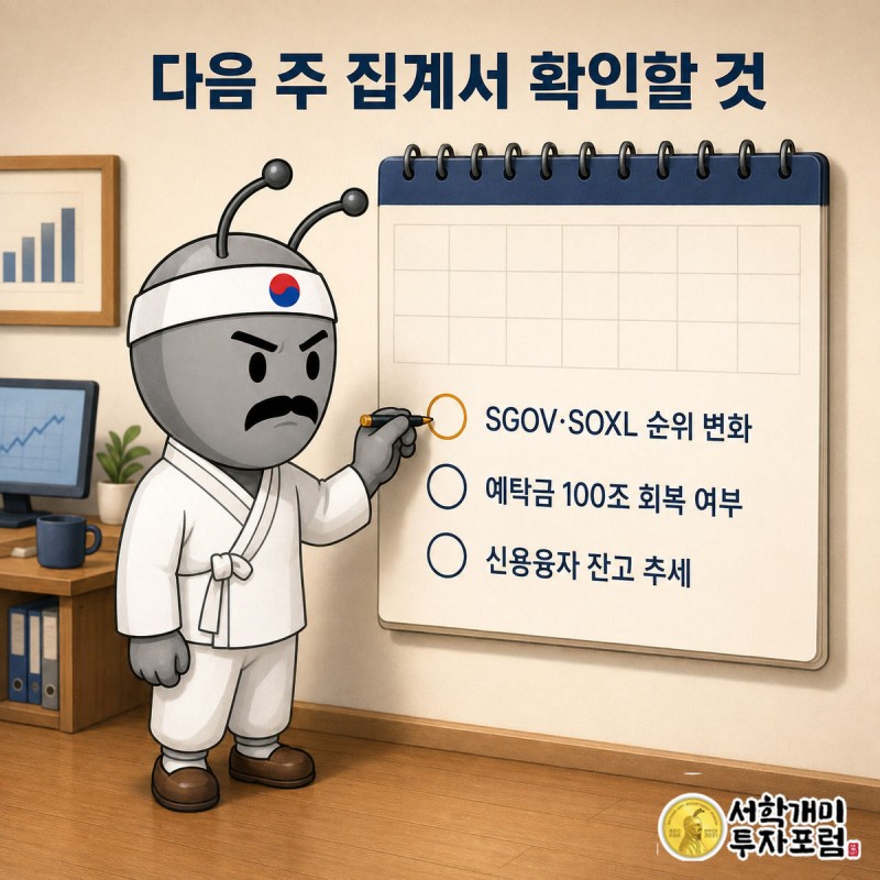 개미가 달력 앞에서 다음 주 확인할 지표 체크리스트에 표시하는 그림