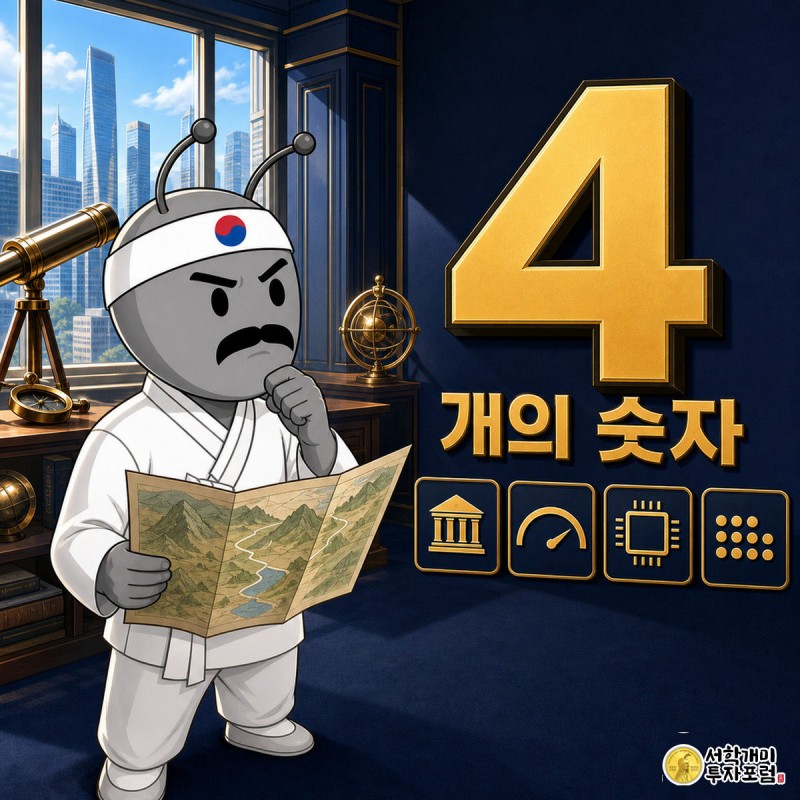 오늘의 숫자 4 — 기준금리 3%와 엔비디아 106%가 코스피에 한 일 — 지배: 대형 「4」 + "개의 숫자" — 아래 타일 4개는 아이콘만(은행·성장 게이지·GPU 칩·점도표), 수치는 내부 인포그래픽으로 (보조 수치의 커버 진입 금지 규칙 준수)