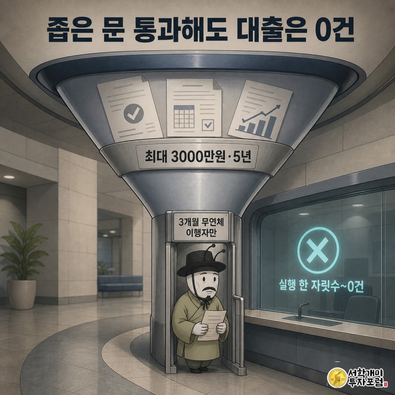 자영업자 개미들이 좁은 깔때기 자격 심사 문을 통과한 뒤 은행 창구에서 0건 도장을 마주하는 장면