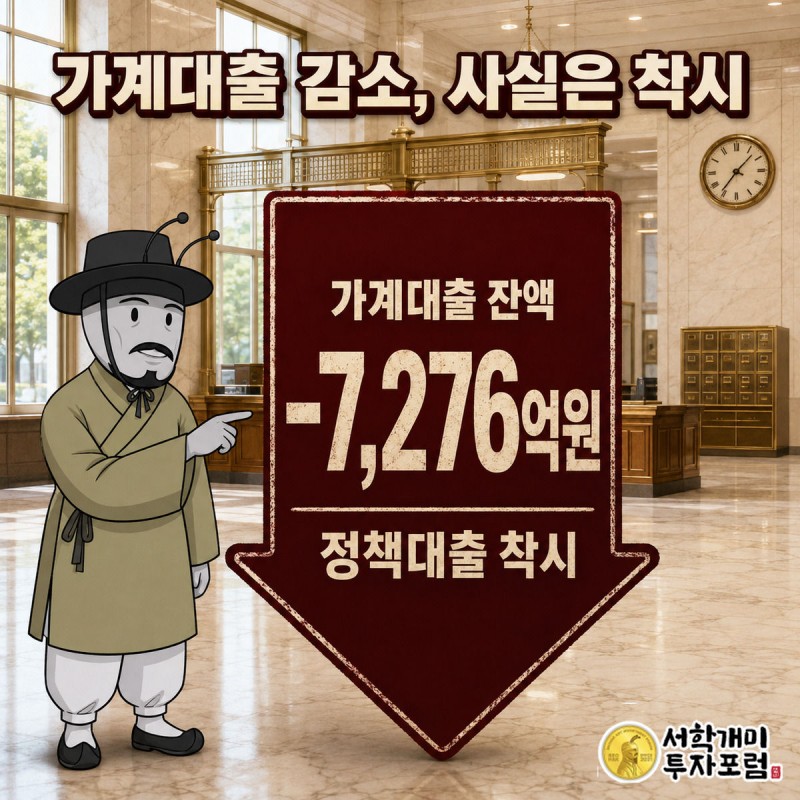 은행 로비에서 은행원 복장의 개미가 붉은 하락 스탬프 '-7,276억원'이 찍힌 서류를 의심스러운 표정으로 살펴보는 그림