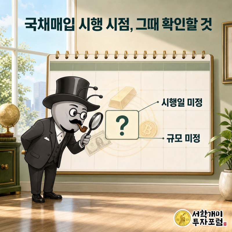 벽걸이 달력의 빈 날짜 칸을 돋보기로 들여다보며 궁금해하는 부자개미 이미지