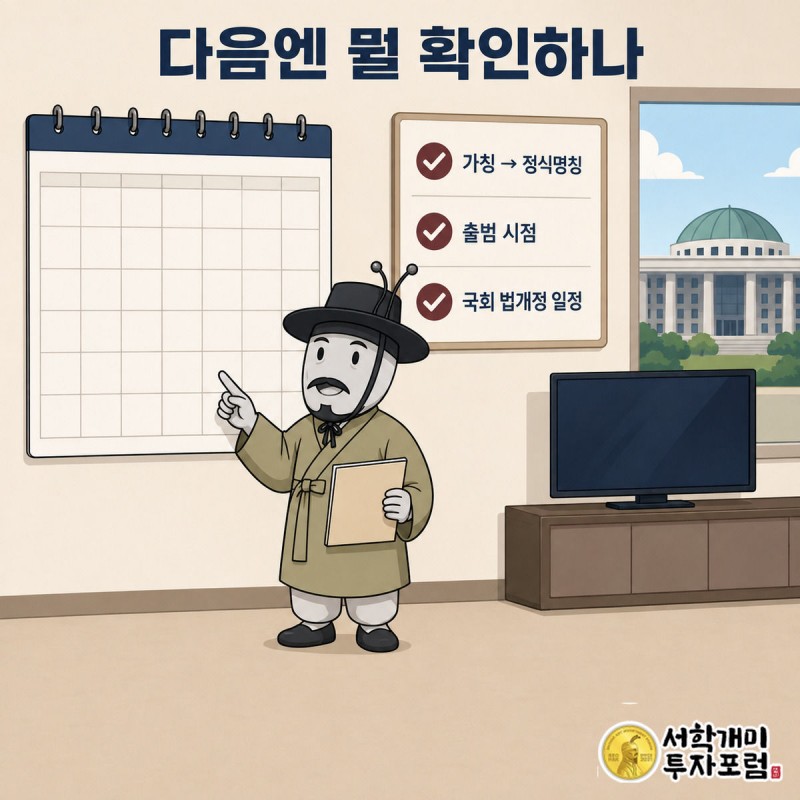 개미가 '가칭' 팻말을 떼고 물음표 팻말을 걸며 달력의 빈 날짜를 가리키는 장면