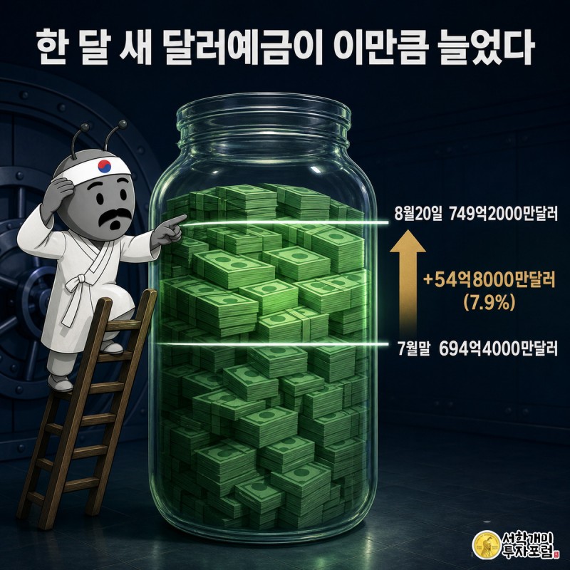 달러 지폐가 쌓인 대형 유리 저금통에 7월말과 8월20일 잔액 눈금이 표시되고, 사다리에 올라선 개미가 새로 늘어난 지폐 층을 놀란 표정으로 가리킨다