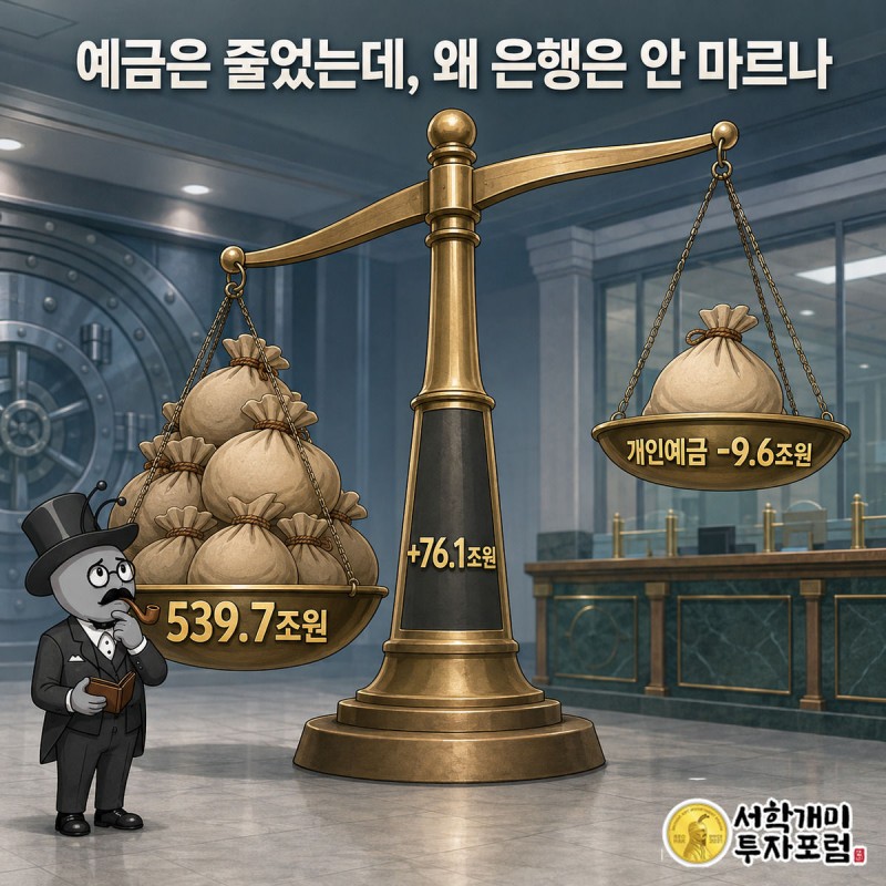 저울에서 대기업 도매자금 자루가 개인 예금 자루보다 무겁게 기우는 것을 걱정스레 보는 개미