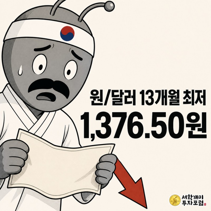 충격받은 표정의 개미 캐릭터가 아래로 축 처진 대형 달러 지폐를 붙잡고 있고, 화면 중앙에 '원/달러 13개월 최저'와 '1,376.50원' 문구가 크게 쓰인 코믹 표지.