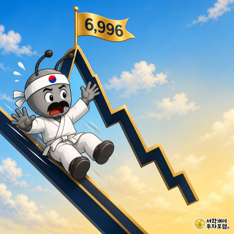 기준금리 3% 인상에 코스피 급등분 반납 — 오전 한나절에 생긴 일 — 지배: 산 모양 주가 곡선 픽토그램 — 가파른 오르막 정상에 깃발 "6,996", 오른쪽 미끄럼 (숫자 라벨은 본문 크기용, 64px에서는 산 실루엣이 지배)