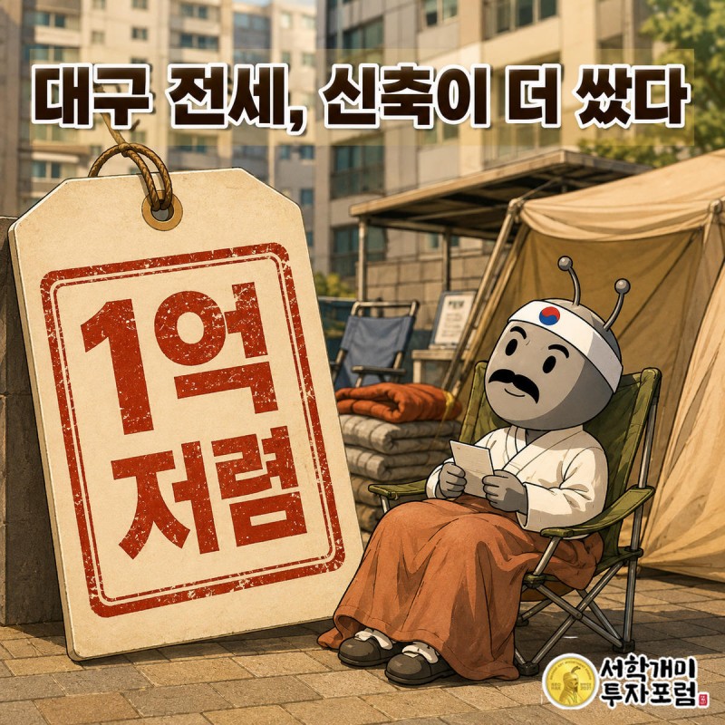 대구 상인푸르지오 센터파크 앞에서 서민개미가 캠핑의자에 앉아 '1억 저렴' 가격표를 흐뭇하게 바라보는 모습