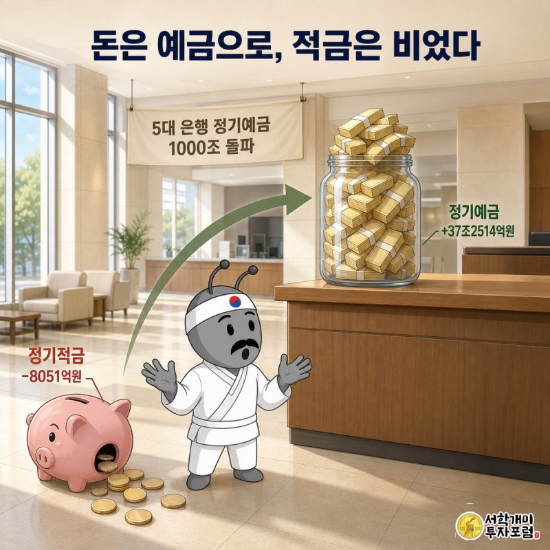 동전이 빠져나가 홀쭉해진 정기적금 저금통과 지폐가 넘치는 정기예금 저금통 사이 화살표를 보며 놀라는 개미, 배경엔 '1000조원 돌파' 현수막이 걸려 있다.