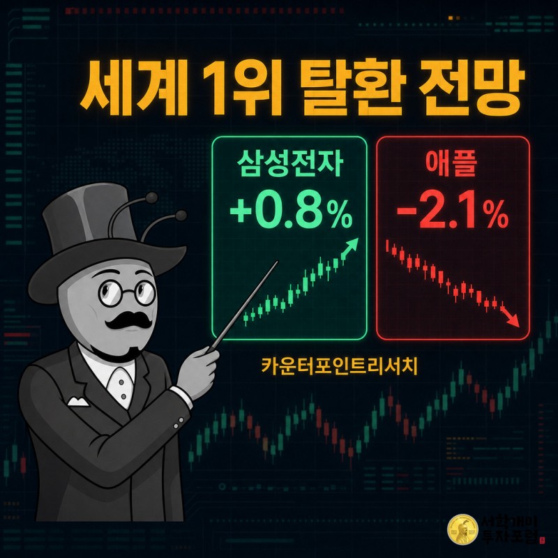 개미 캐릭터가 네온 캔들차트 앞에서 지시봉으로 삼성전자의 0.8% 증가 카드를 가리키고 옆에는 애플의 2.1% 감소 카드가 대비되어 있다.