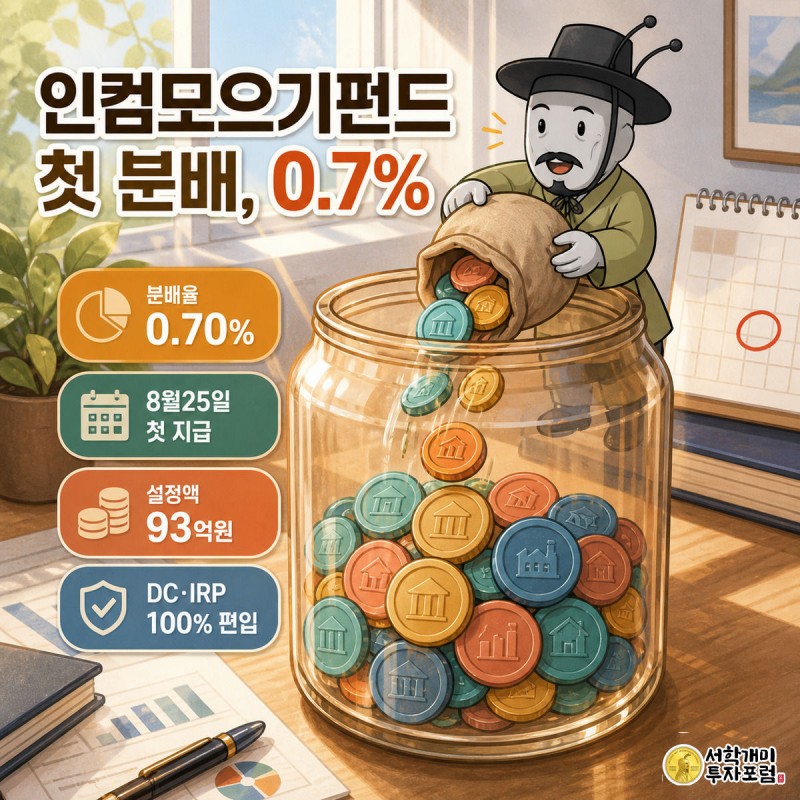 테라코타빛 코인항아리 위에서 개미가 여러 색 코인을 쏟아부으며 분배율 0.70% 배지를 보고 놀라는 인컴모으기펀드 첫 분배금 커버 이미지