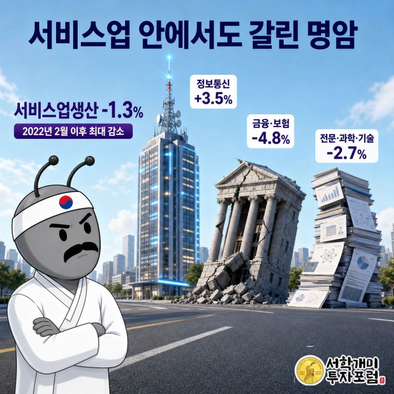 솟아오르는 정보통신 빌딩과 무너지는 금융·전문서비스 건물을 부자개미가 의심스러운 표정으로 비교하는 모습