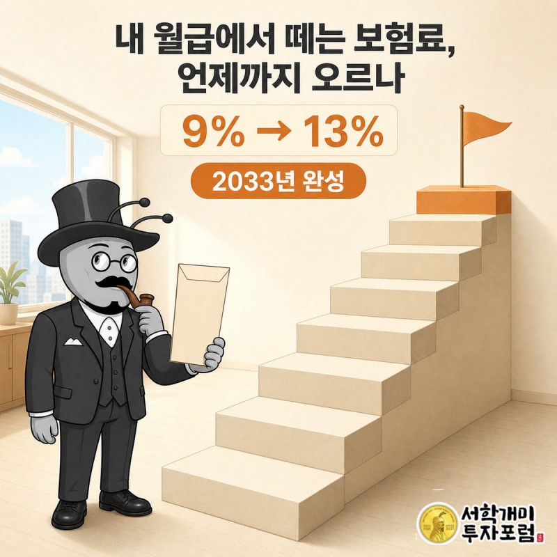 국민연금 보험료율이 9%에서 13%까지 계단식으로 오르는 모습을 개미가 올려다보는 인포그래픽