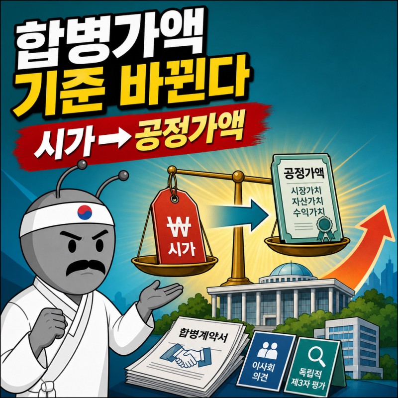합병가액 산정 기준이 시가에서 공정가액으로 바뀌는 자본시장법 개정 내용을 설명하는 동학개미 기자